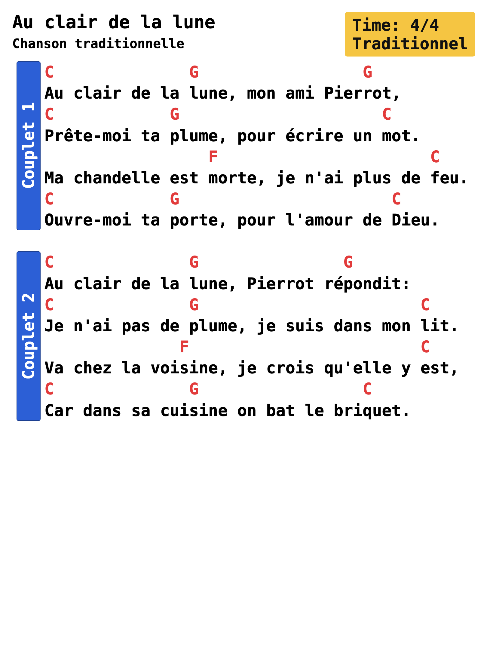 GigCharts chart: Au clair de la lune