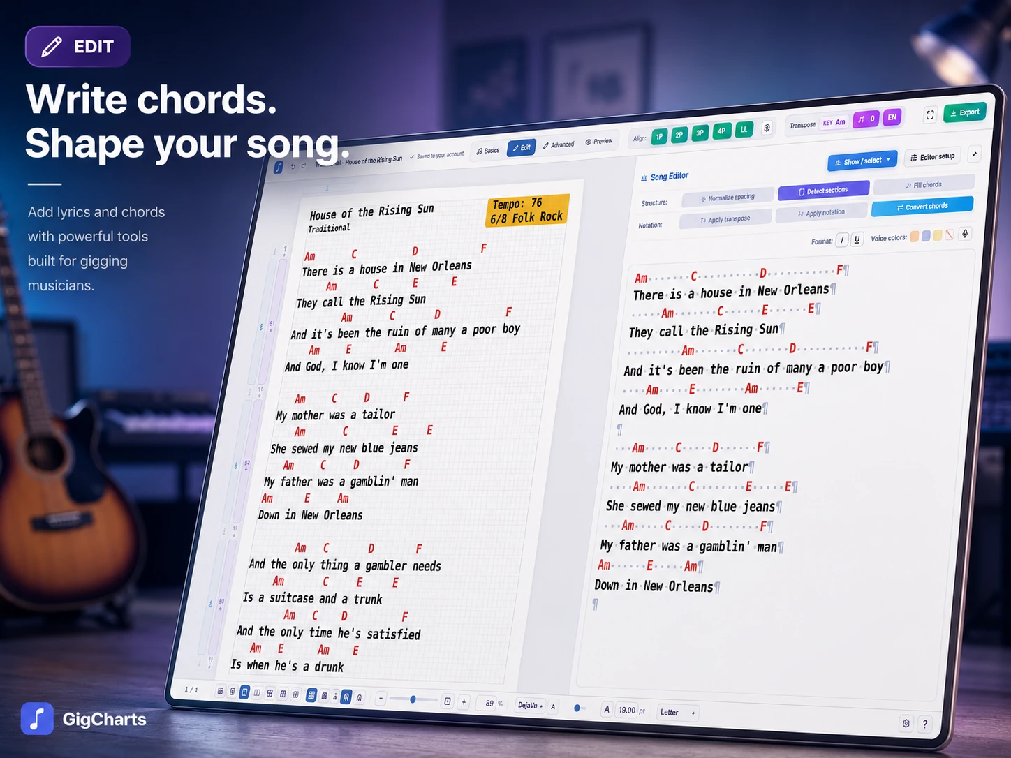 Edit — write chords, shape your song: the song editor on a laptop, inline [chord] source on the right, a live chart on the left.