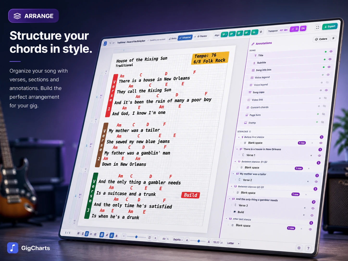 Arrange — structure your chords in style: the annotations panel beside a chart with coloured verse spines and a Build cue.
