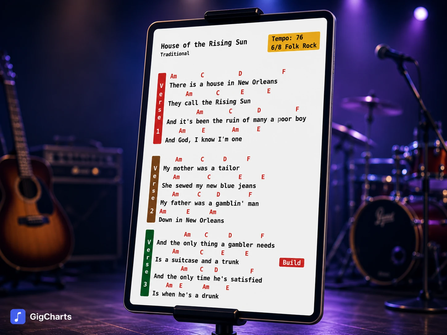 Export — the finished chart on a tablet, on a music stand on a lit stage.