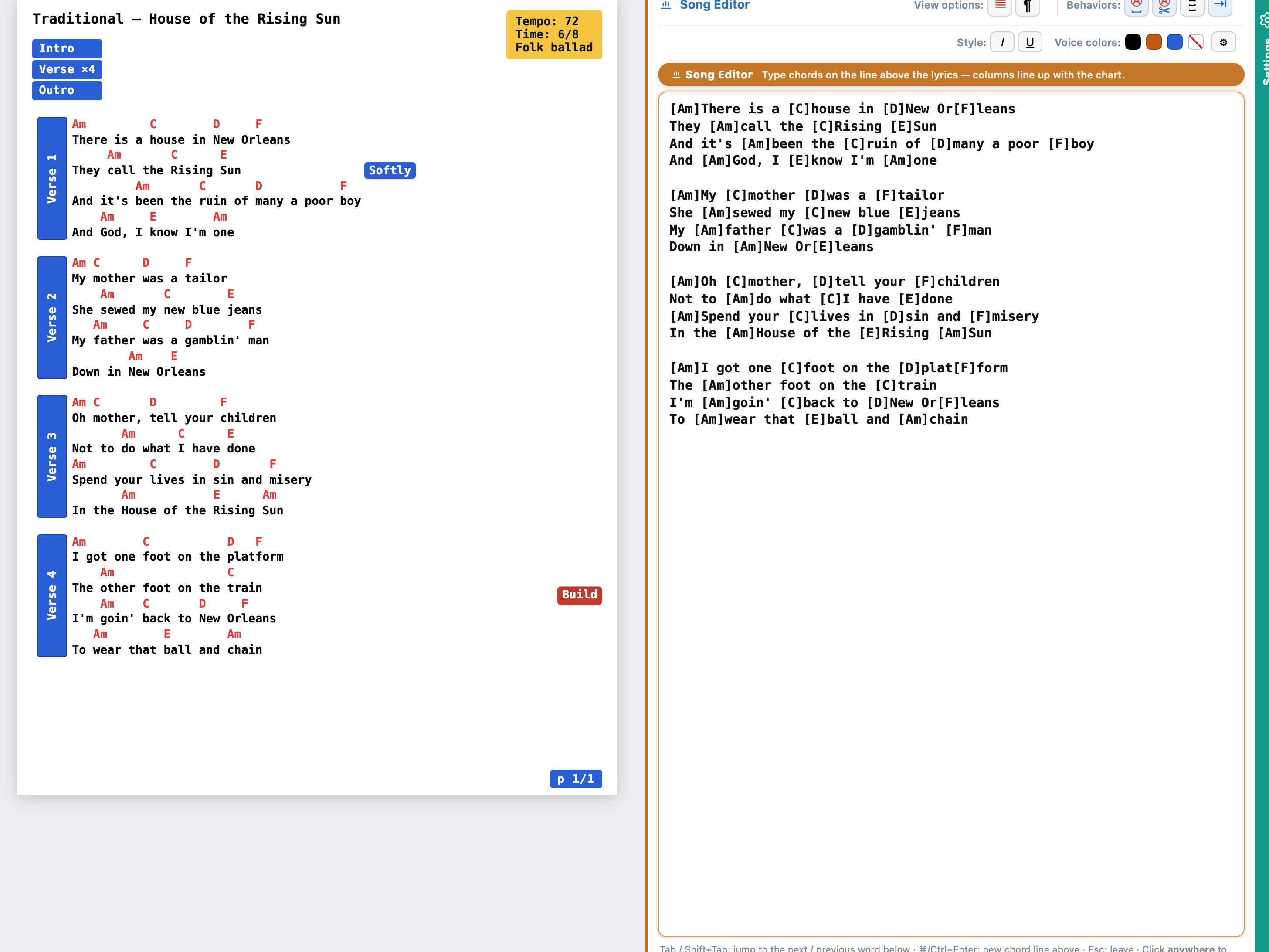 Pasting a song into the editor, with a live chart preview.