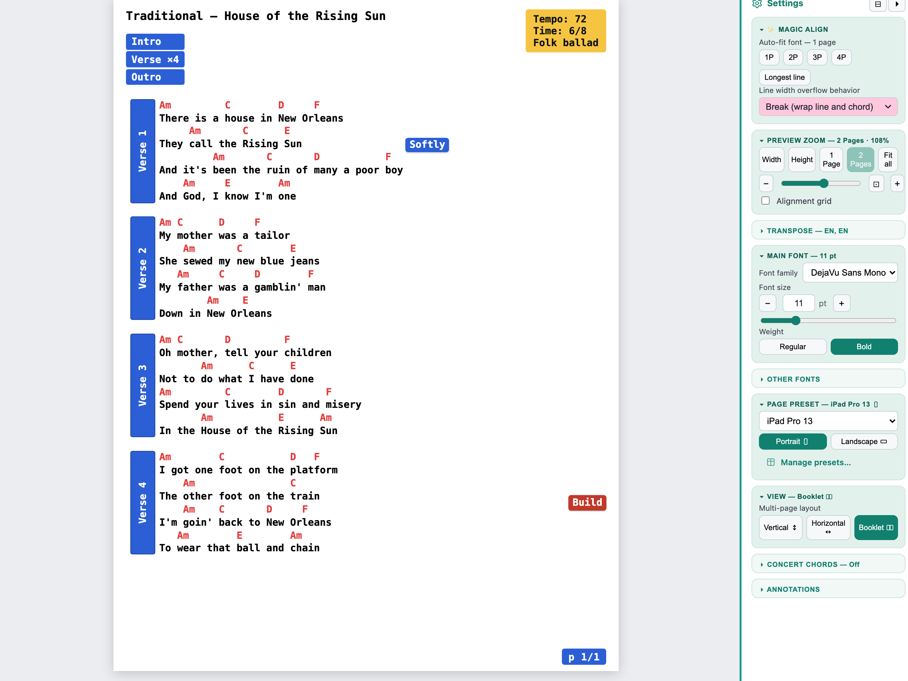 The settings drawer: auto-fit, transpose, fonts and page size.